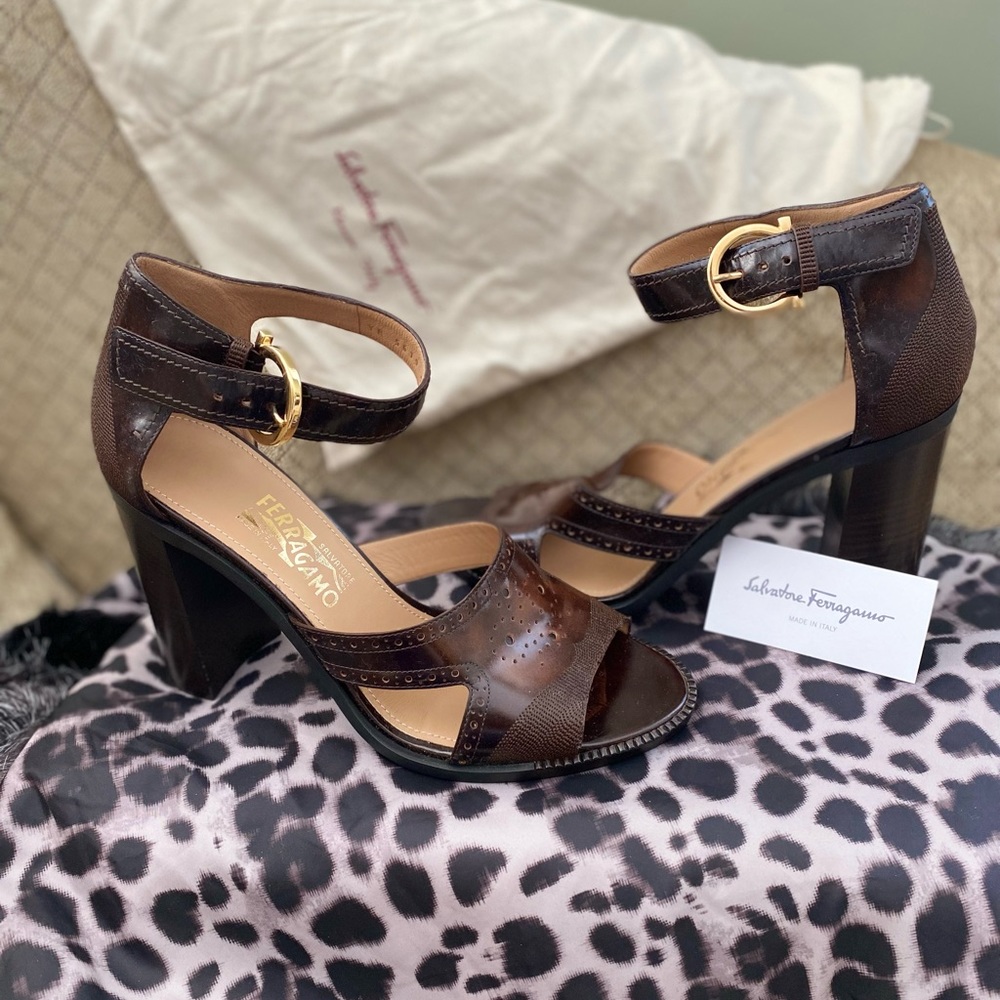 Salvatore Faragamo Naula Tan/Cacao Calf 4” Woman’s Sandal size 10 B